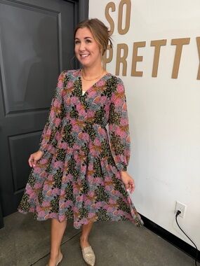 Umgee Pink and Black Floral Tiered Midi Dress